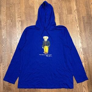 Polo Ralph Lauren Preppy Polo Bear Royal Blue Hooded L/S T Shirt Mens 2XL